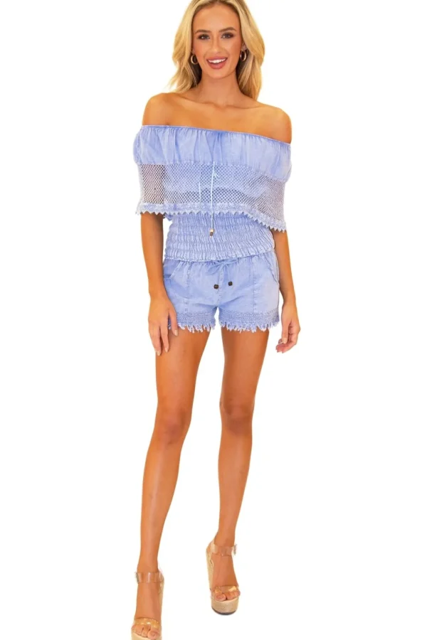 Bay' Off Shoulder Mesh Top Blue