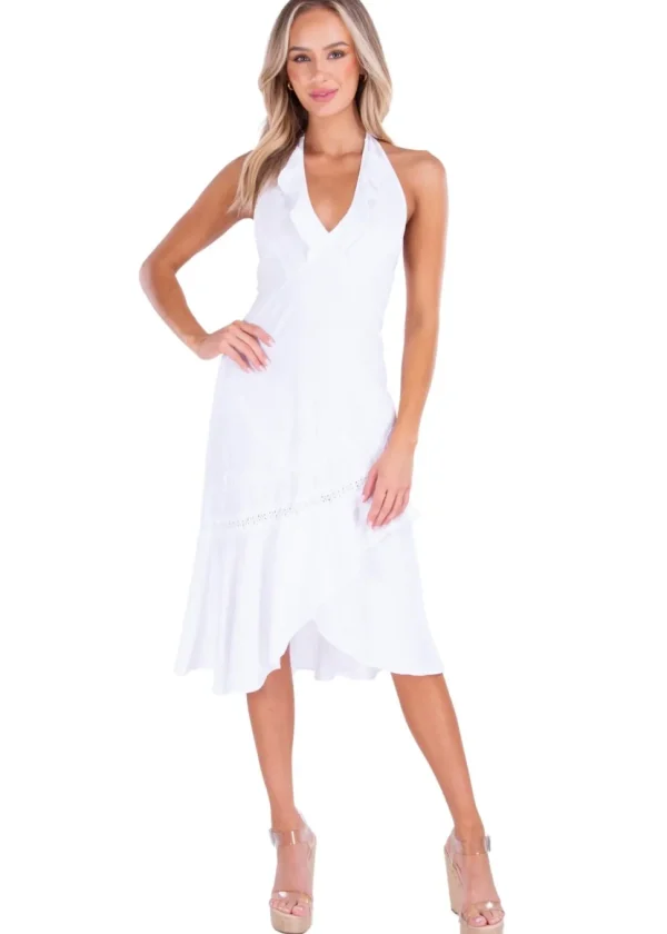 Harmony' Ruffle Trim Midi Dress White