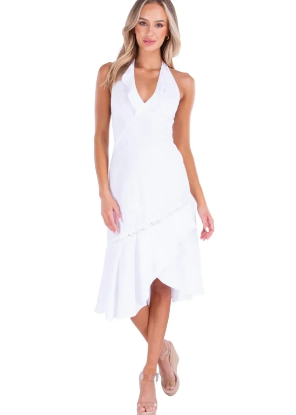 Harmony' Ruffle Trim Midi Dress White