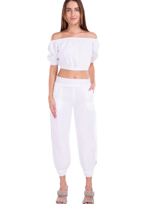 Kinsley' Crochet Hem Side Slit Pants White
