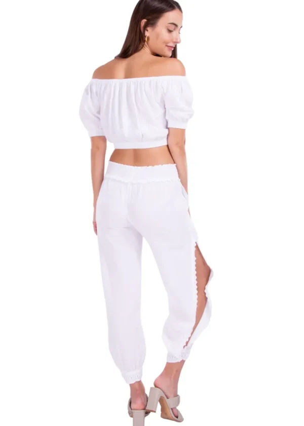 Kinsley' Crochet Hem Side Slit Pants White