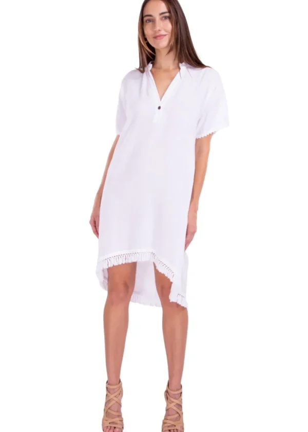 Selma' High Low Tassel Trim Tunic White