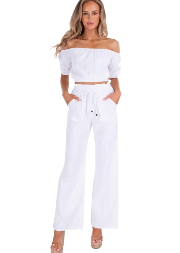 Valeria' Paperbag Waist Wide Leg Pants White